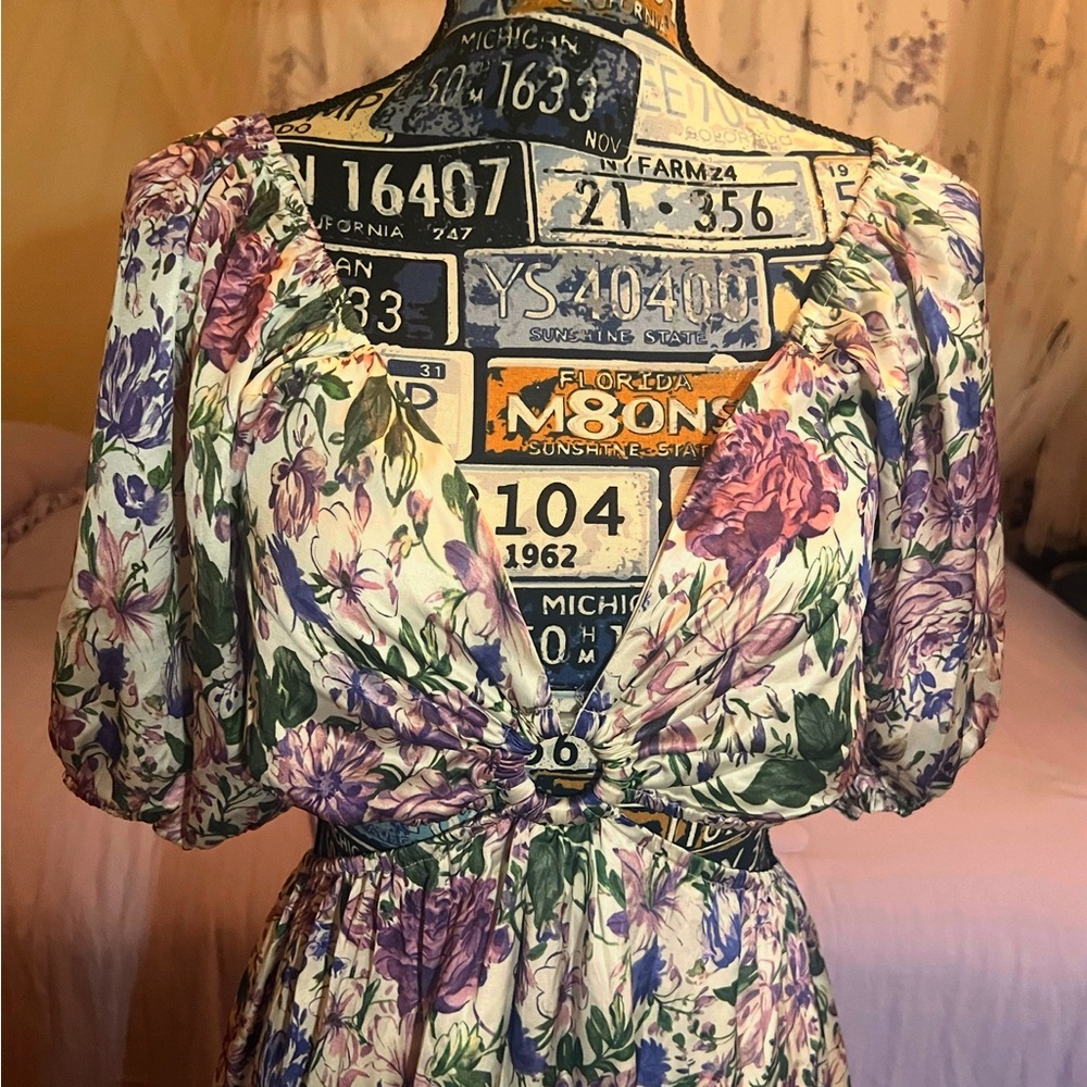 Vici Purple and Green Floral Long Sleeve Dress